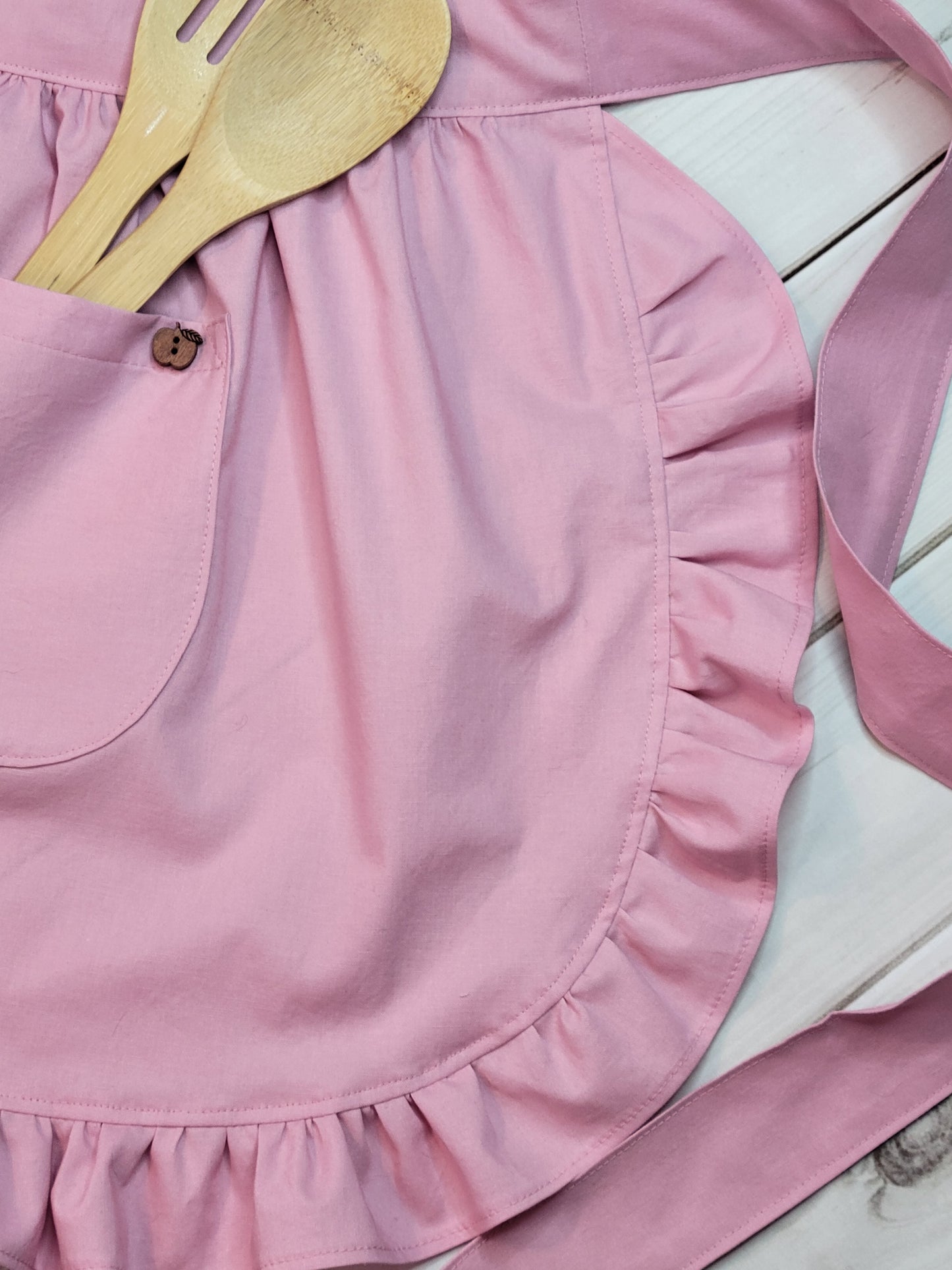 Dusty Rose Pink Retro Half Apron with Ruffles and Pockets