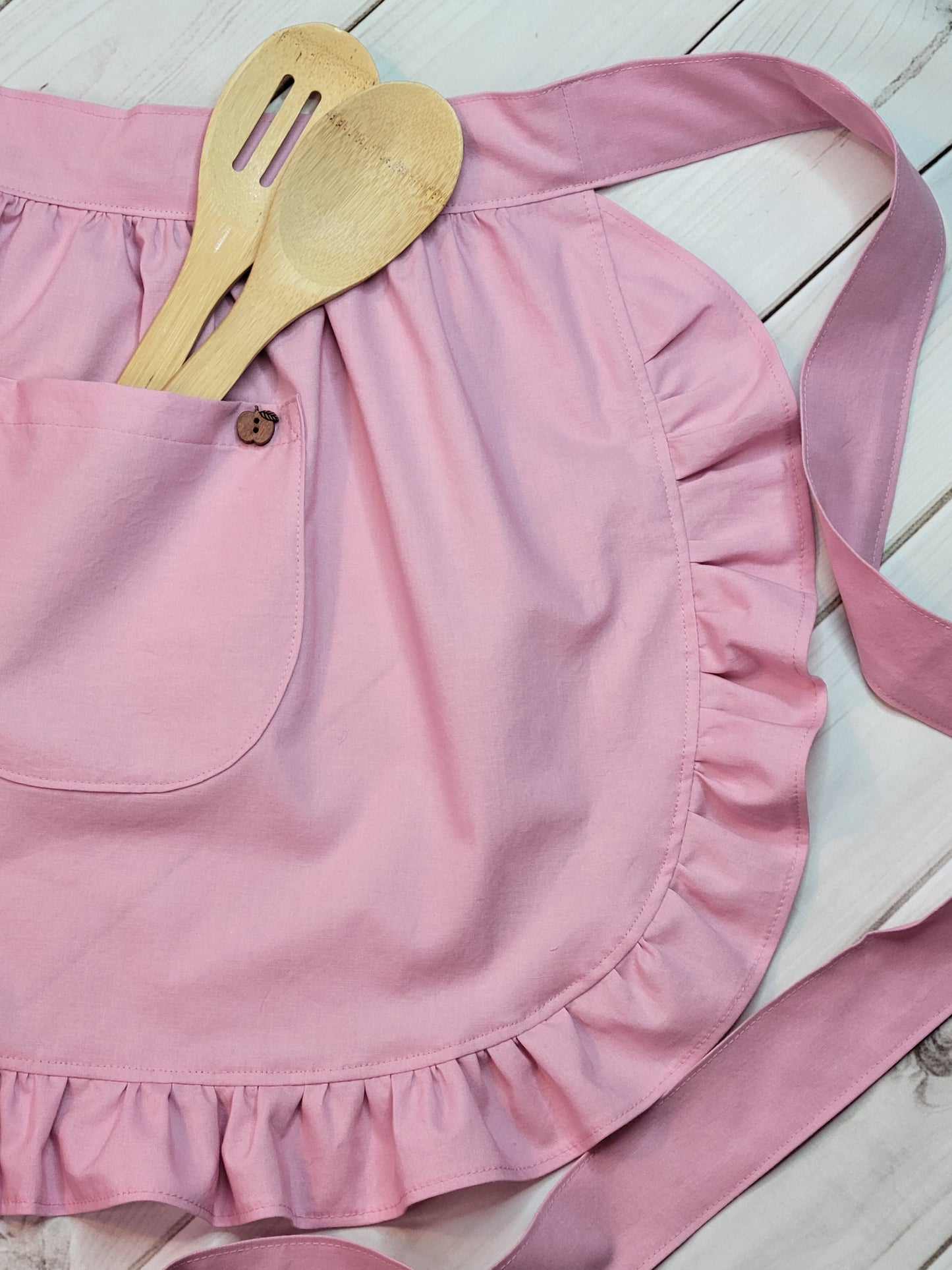 Dusty Rose Pink Retro Half Apron with Ruffles and Pockets