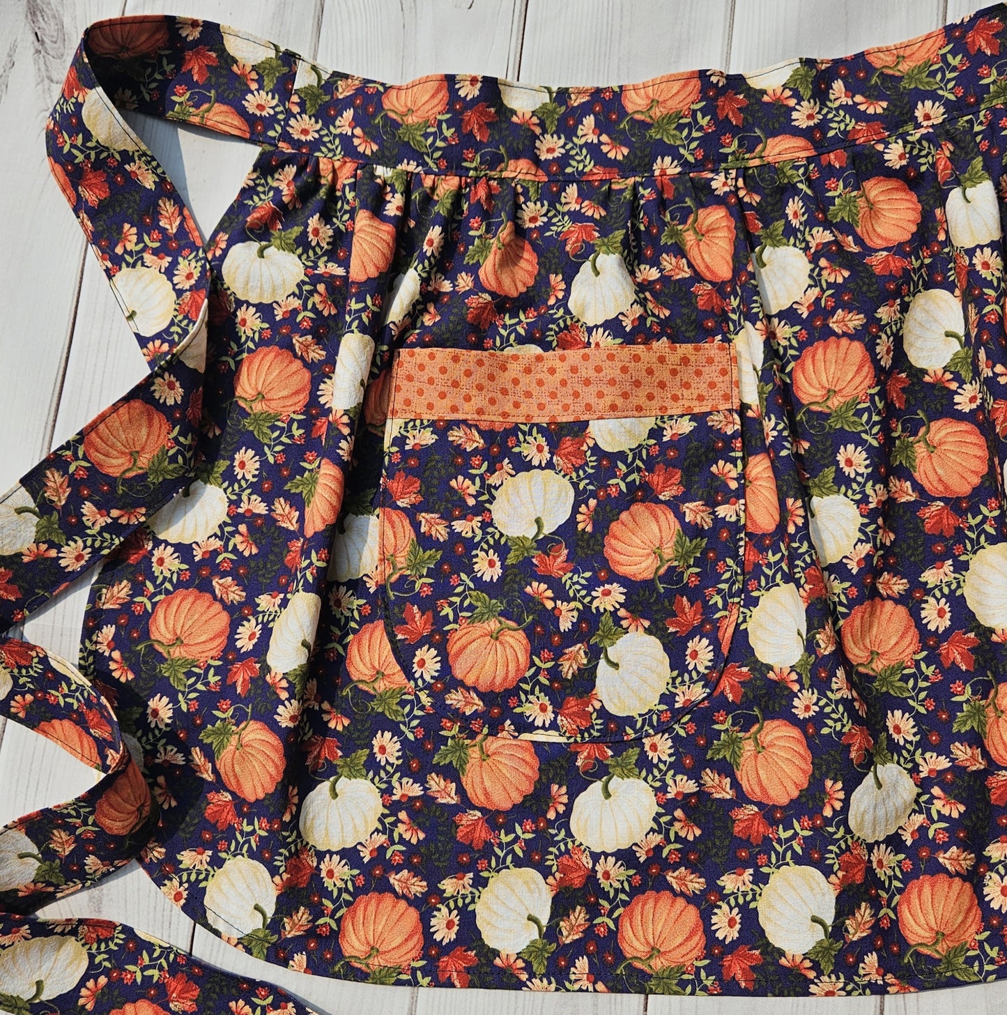 Pumpkins on Navy Retro Half Apron with Orange Trimmed Pockets