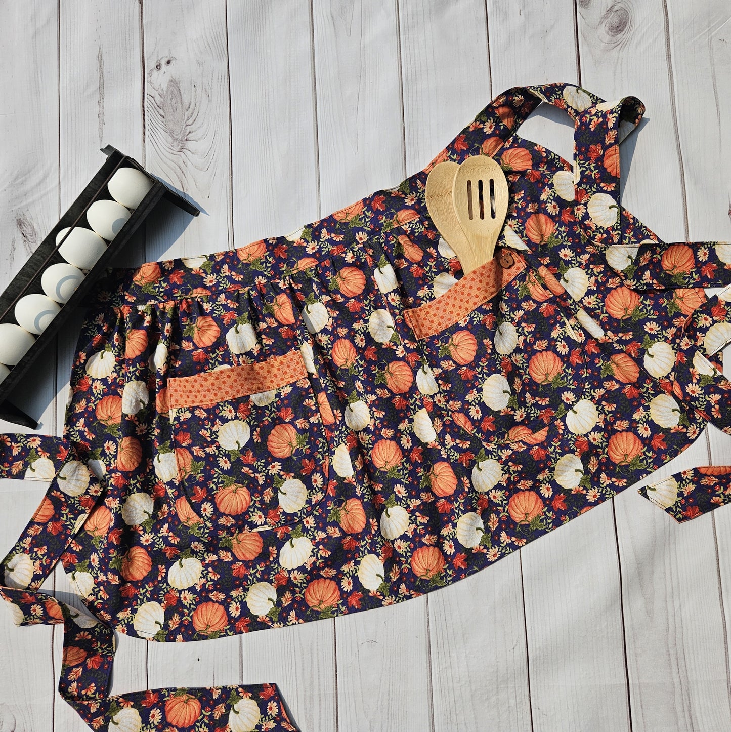 Pumpkins on Navy Retro Half Apron with Orange Trimmed Pockets