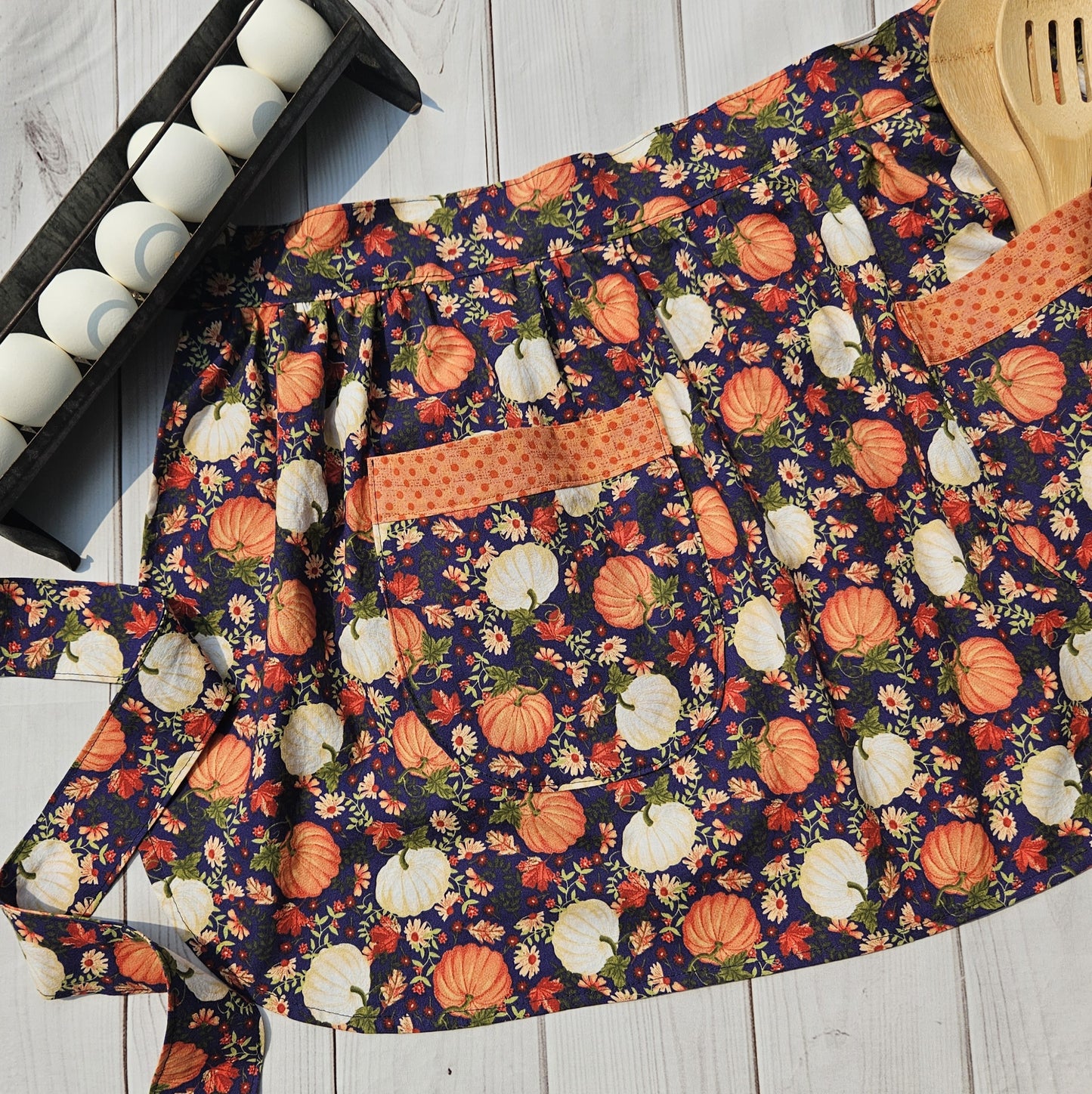 Pumpkins on Navy Retro Half Apron with Orange Trimmed Pockets