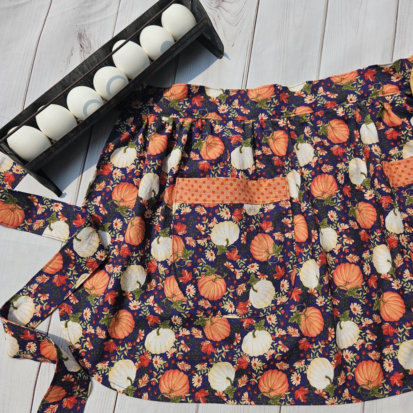 Pumpkins on Navy Retro Half Apron with Orange Trimmed Pockets