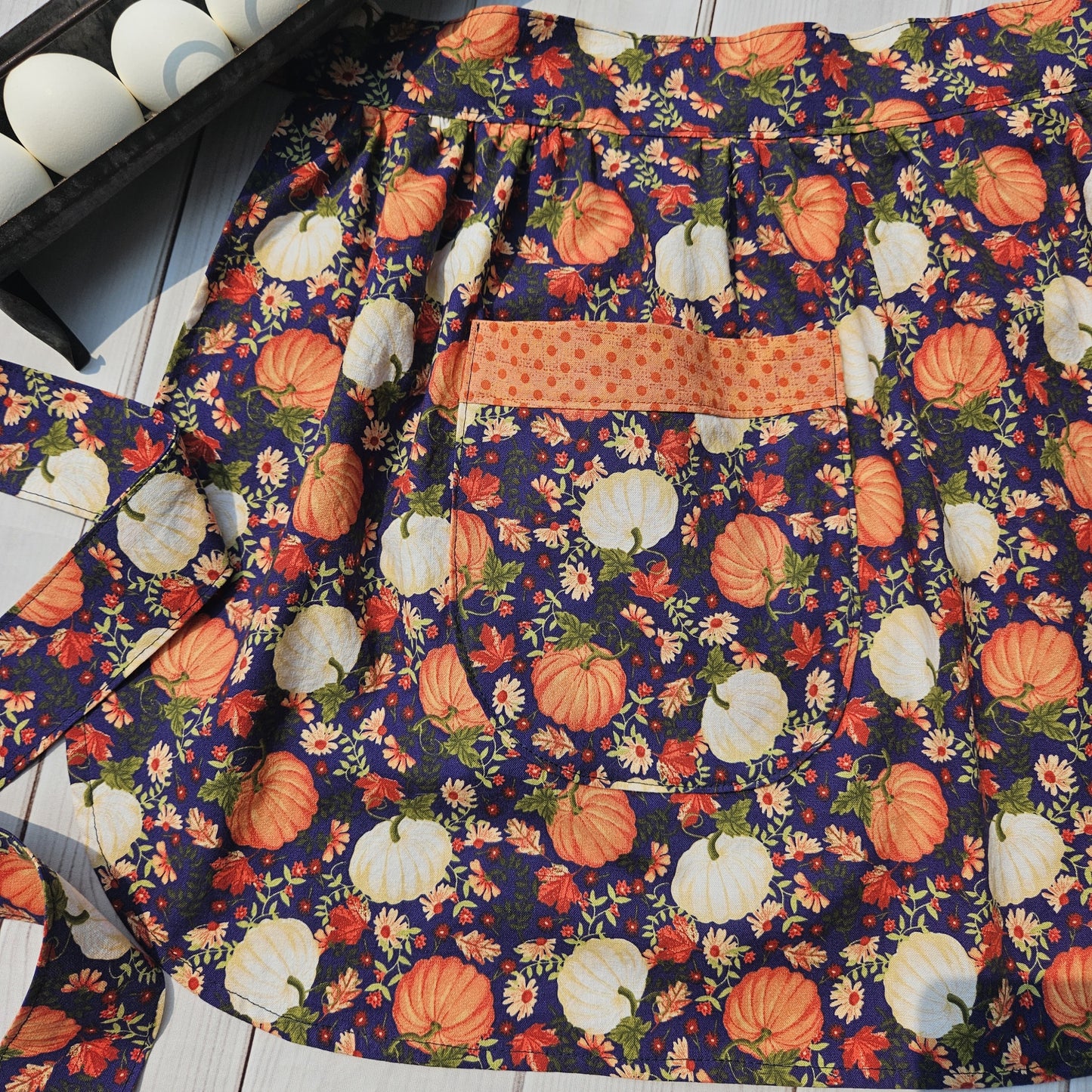 Pumpkins on Navy Retro Half Apron with Orange Trimmed Pockets