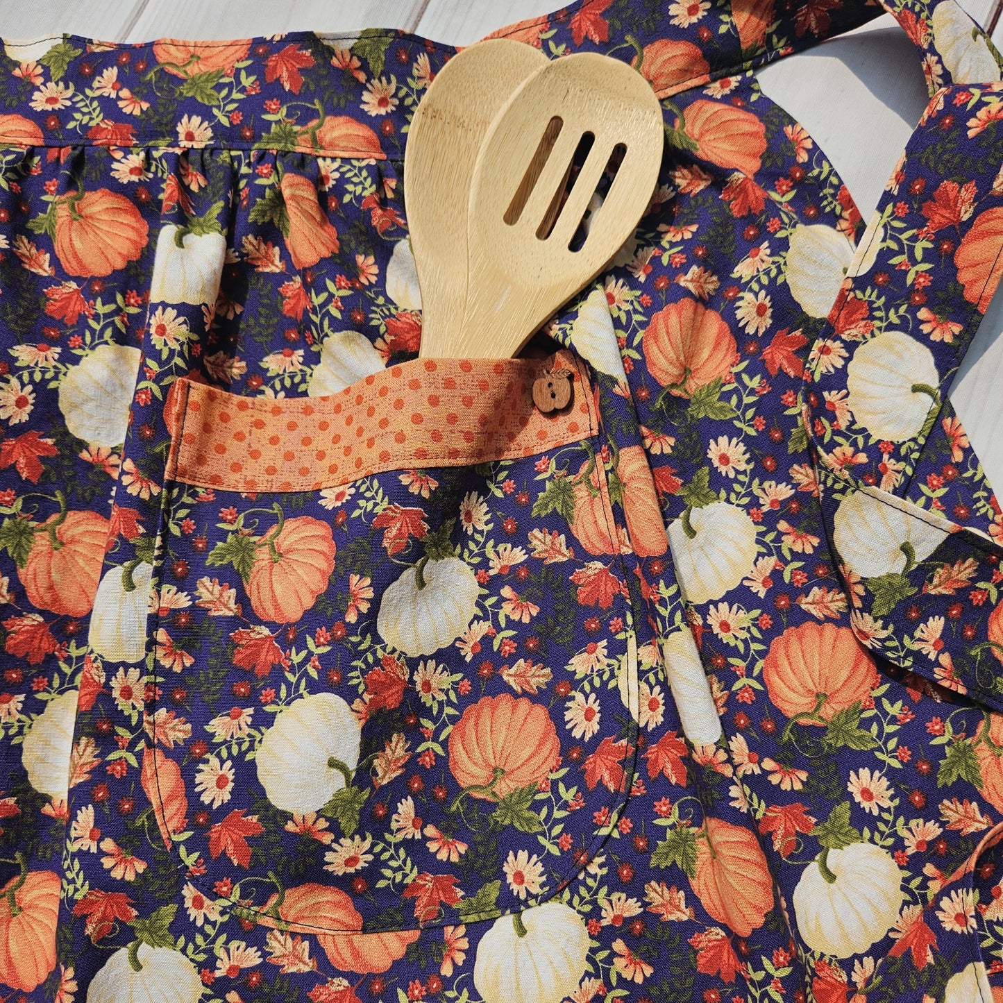 Pumpkins on Navy Retro Half Apron with Orange Trimmed Pockets