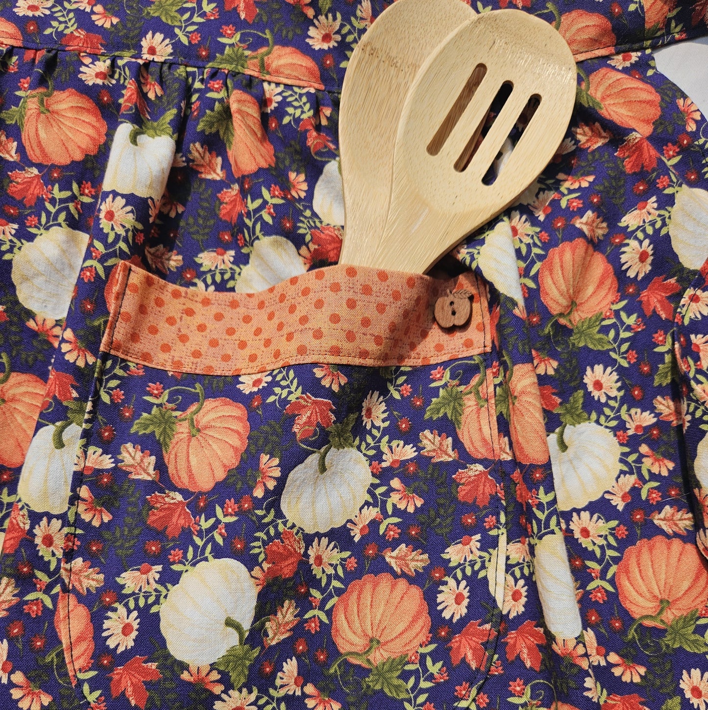 Pumpkins on Navy Retro Half Apron with Orange Trimmed Pockets