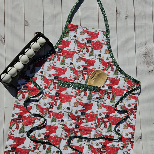 Snowman Full Apron with Pocket, Trimmed with Green