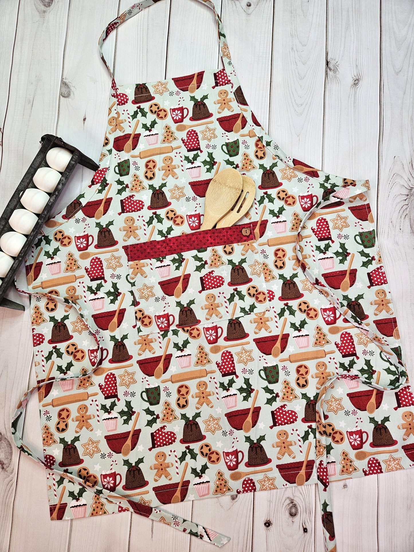 Gingerbread Man Baking Full Apron with Pocket, Trimmed with Red