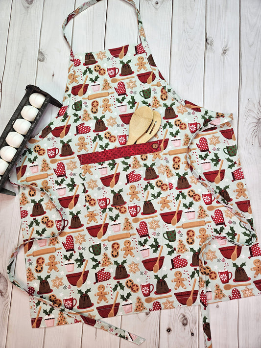 Gingerbread Man Baking Full Apron with Pocket, Trimmed with Red