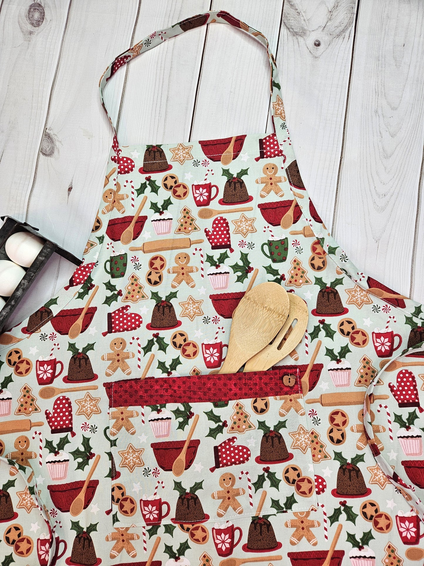 Gingerbread Man Baking Full Apron with Pocket, Trimmed with Red