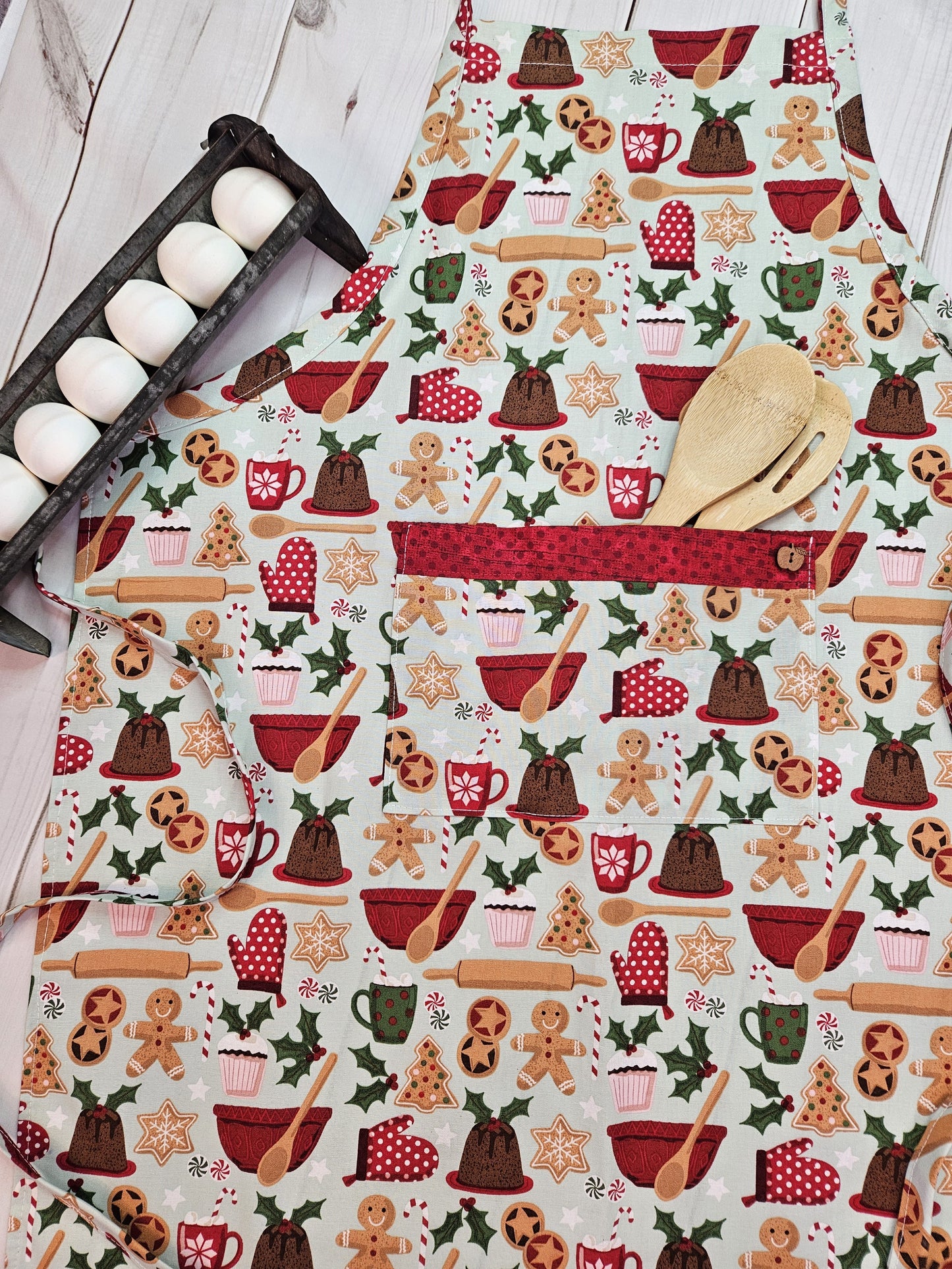 Gingerbread Man Baking Full Apron with Pocket, Trimmed with Red
