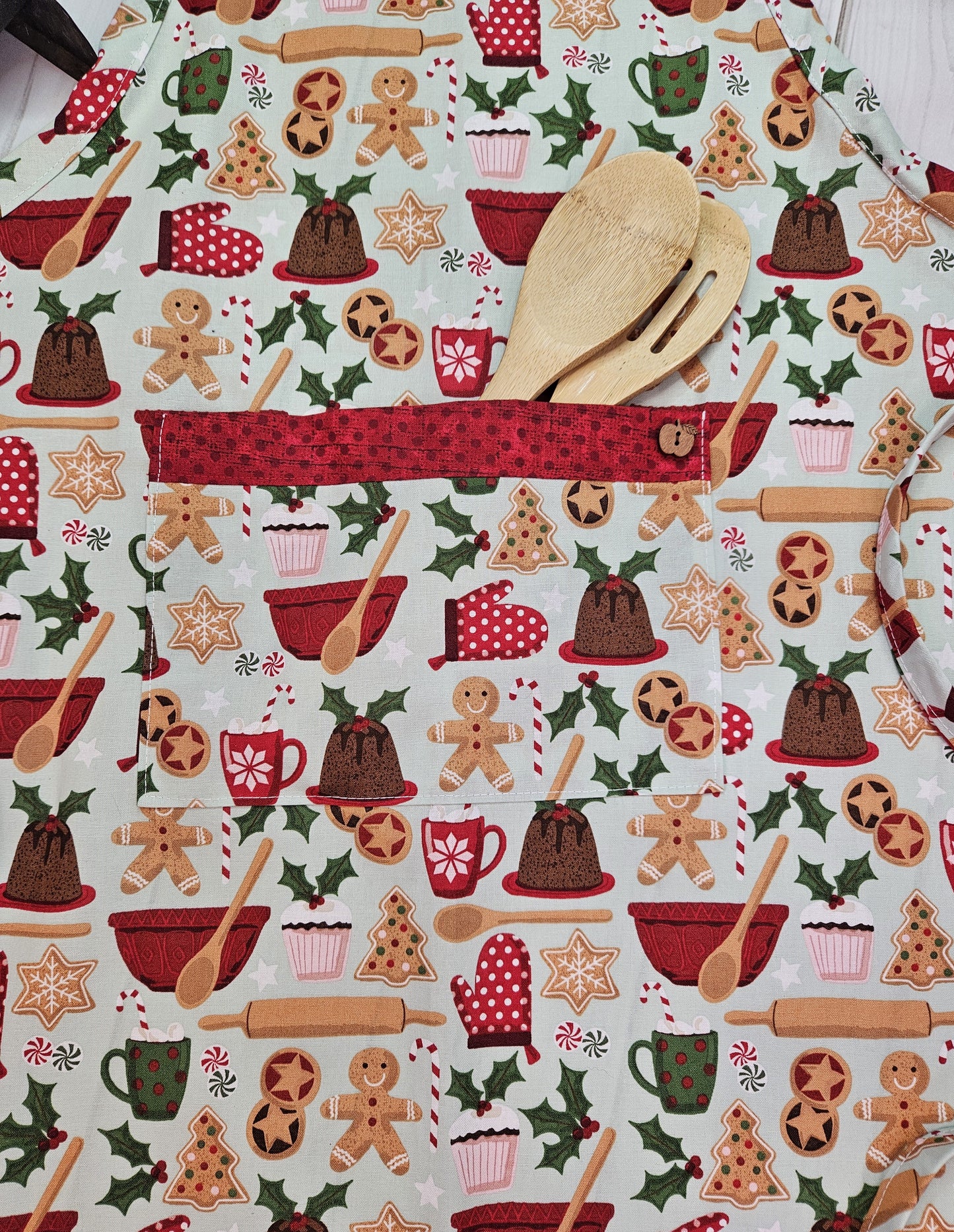 Gingerbread Man Baking Full Apron with Pocket, Trimmed with Red