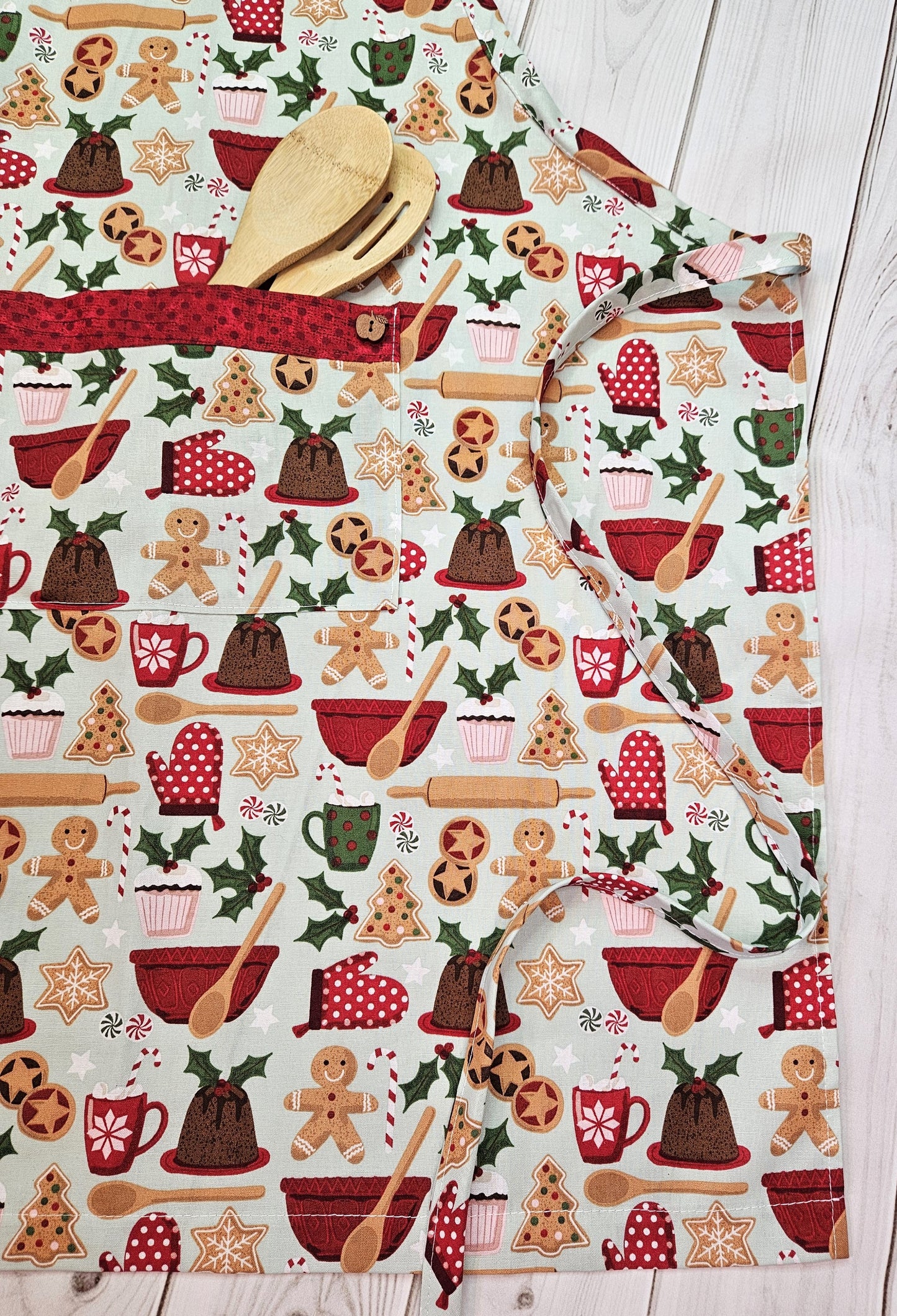 Gingerbread Man Baking Full Apron with Pocket, Trimmed with Red