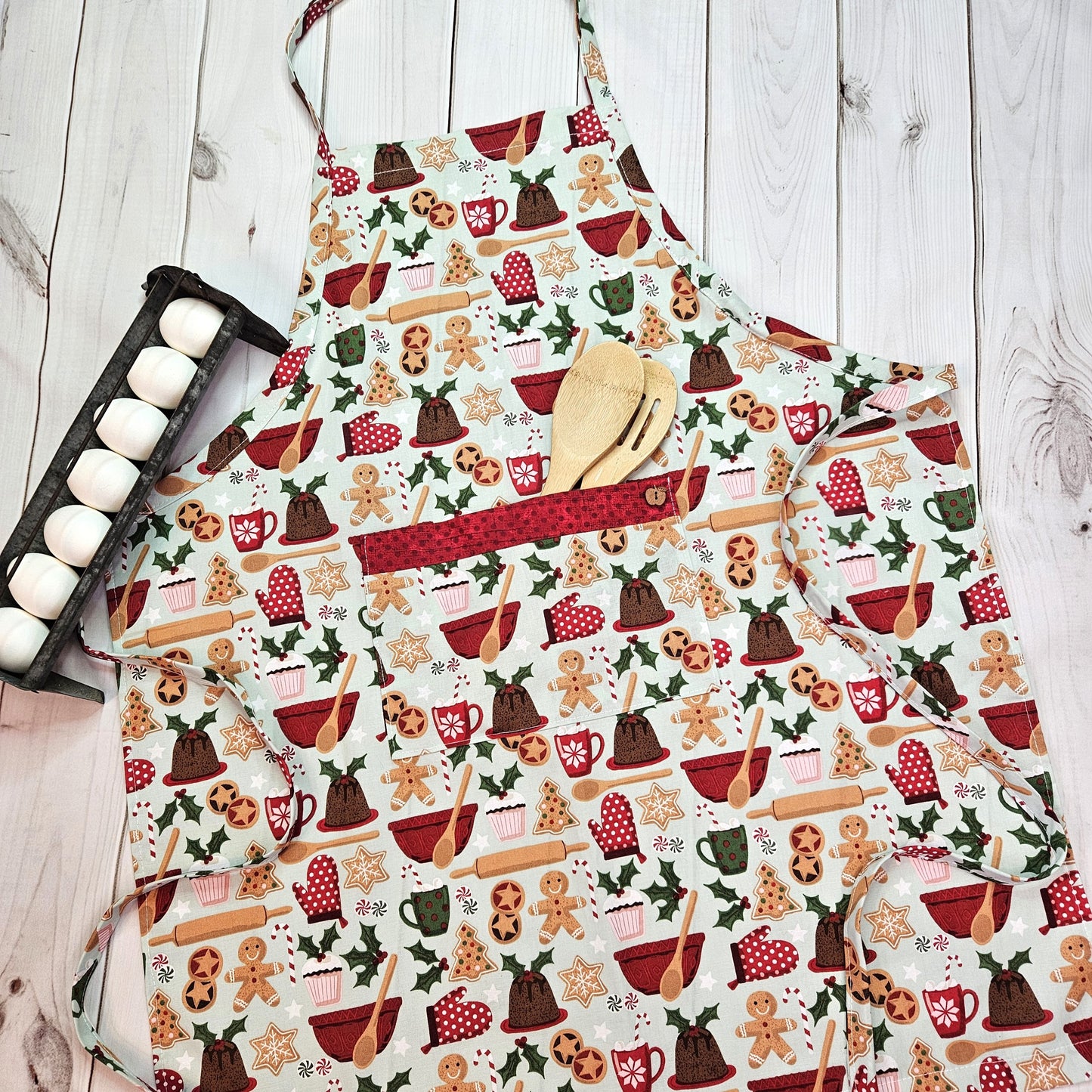 Gingerbread Man Baking Full Apron with Pocket, Trimmed with Red