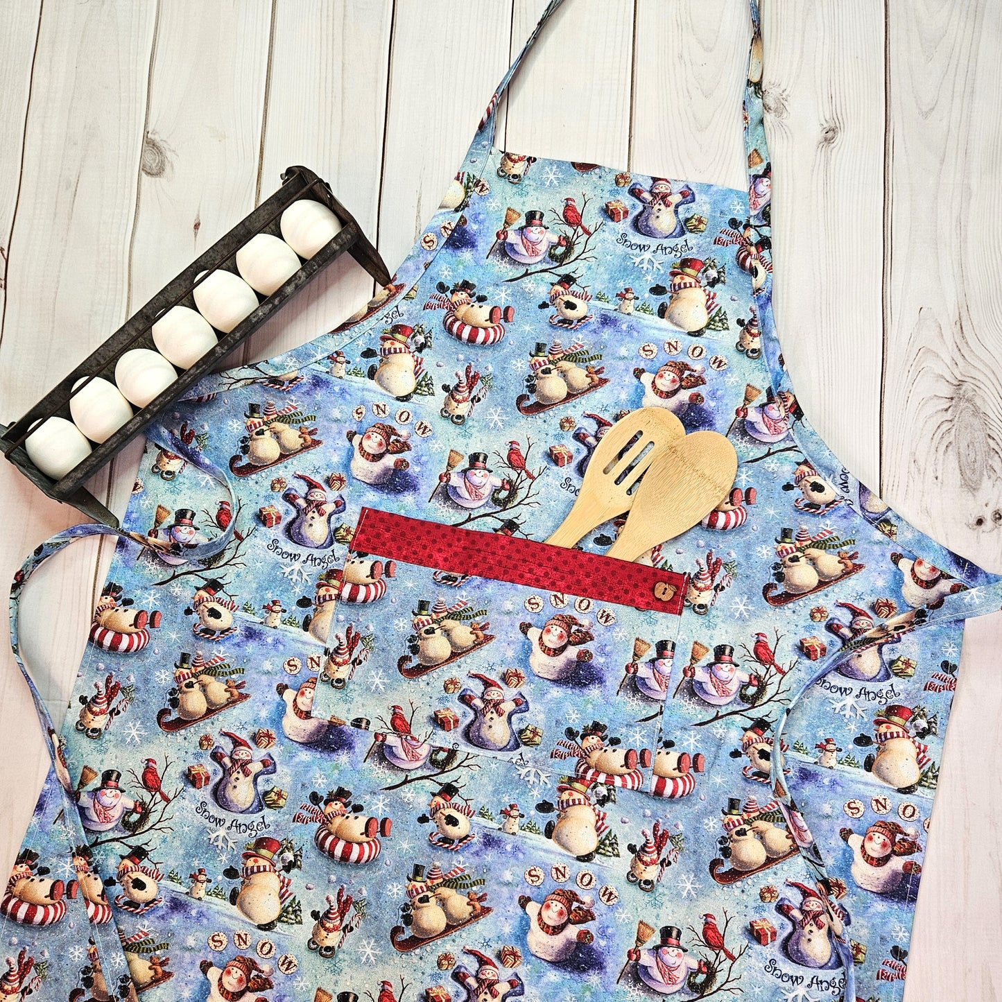 Glittery Snowman Full Apron with Pocket, Trimmed with Red