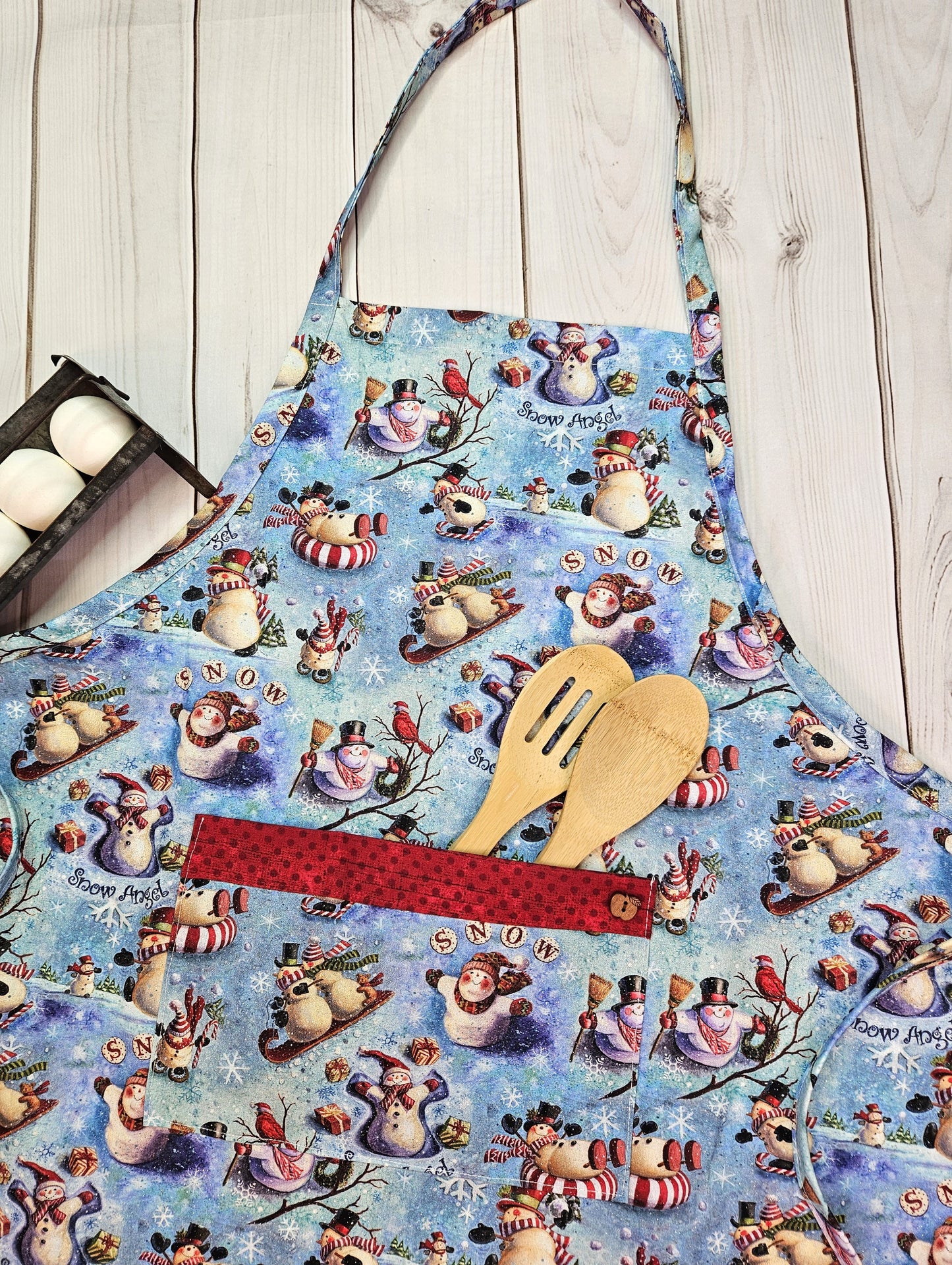 Glittery Snowman Full Apron with Pocket, Trimmed with Red