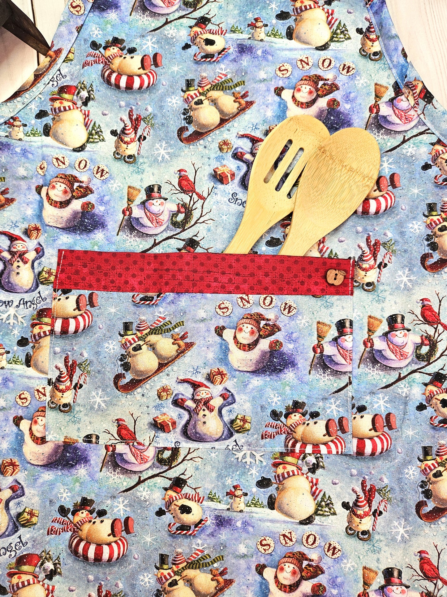 Glittery Snowman Full Apron with Pocket, Trimmed with Red