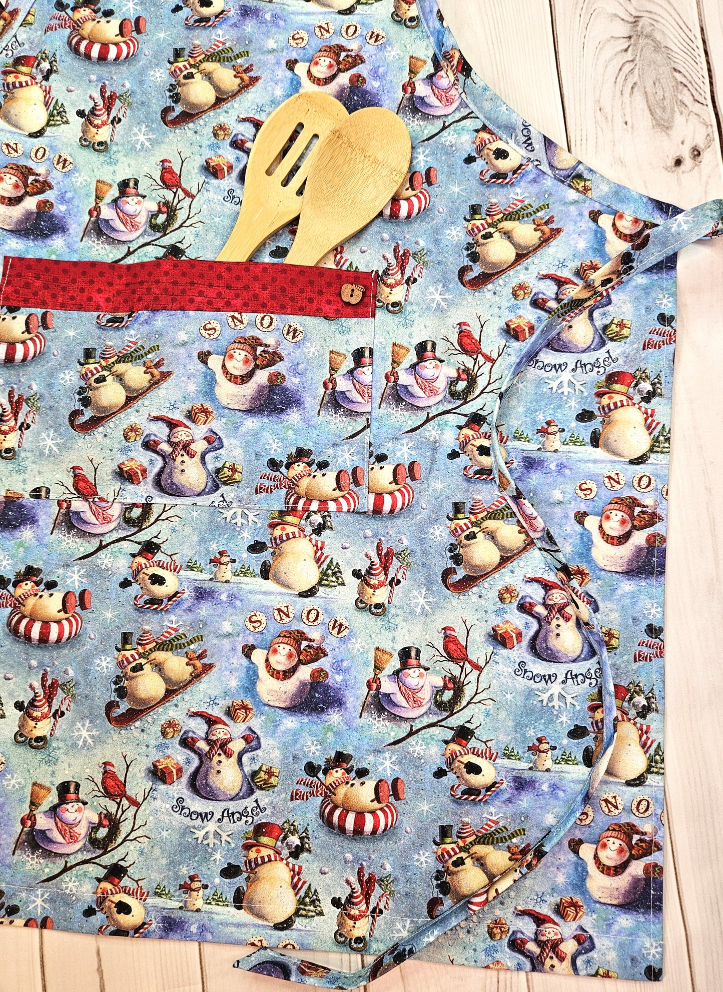 Glittery Snowman Full Apron with Pocket, Trimmed with Red