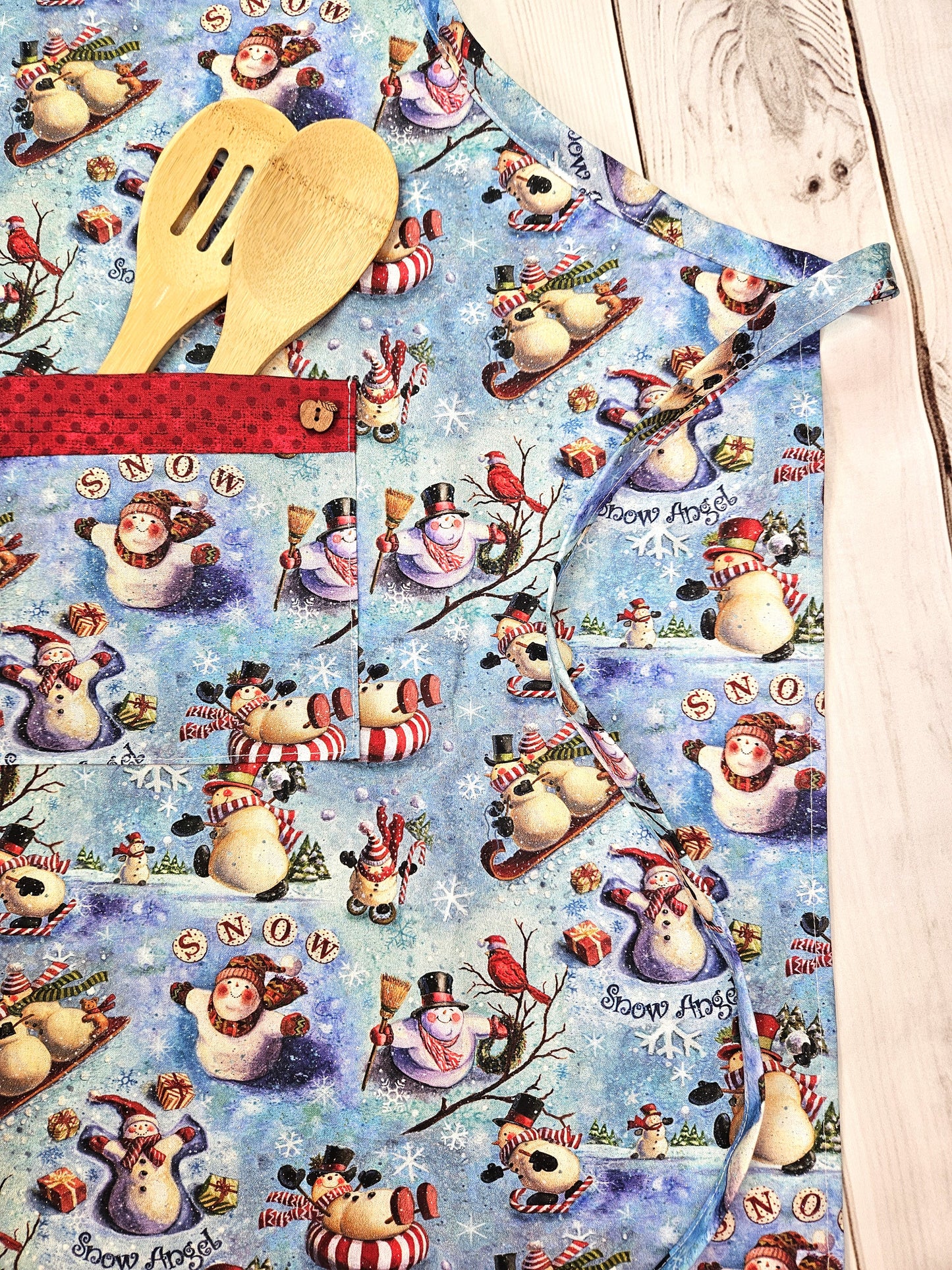 Glittery Snowman Full Apron with Pocket, Trimmed with Red