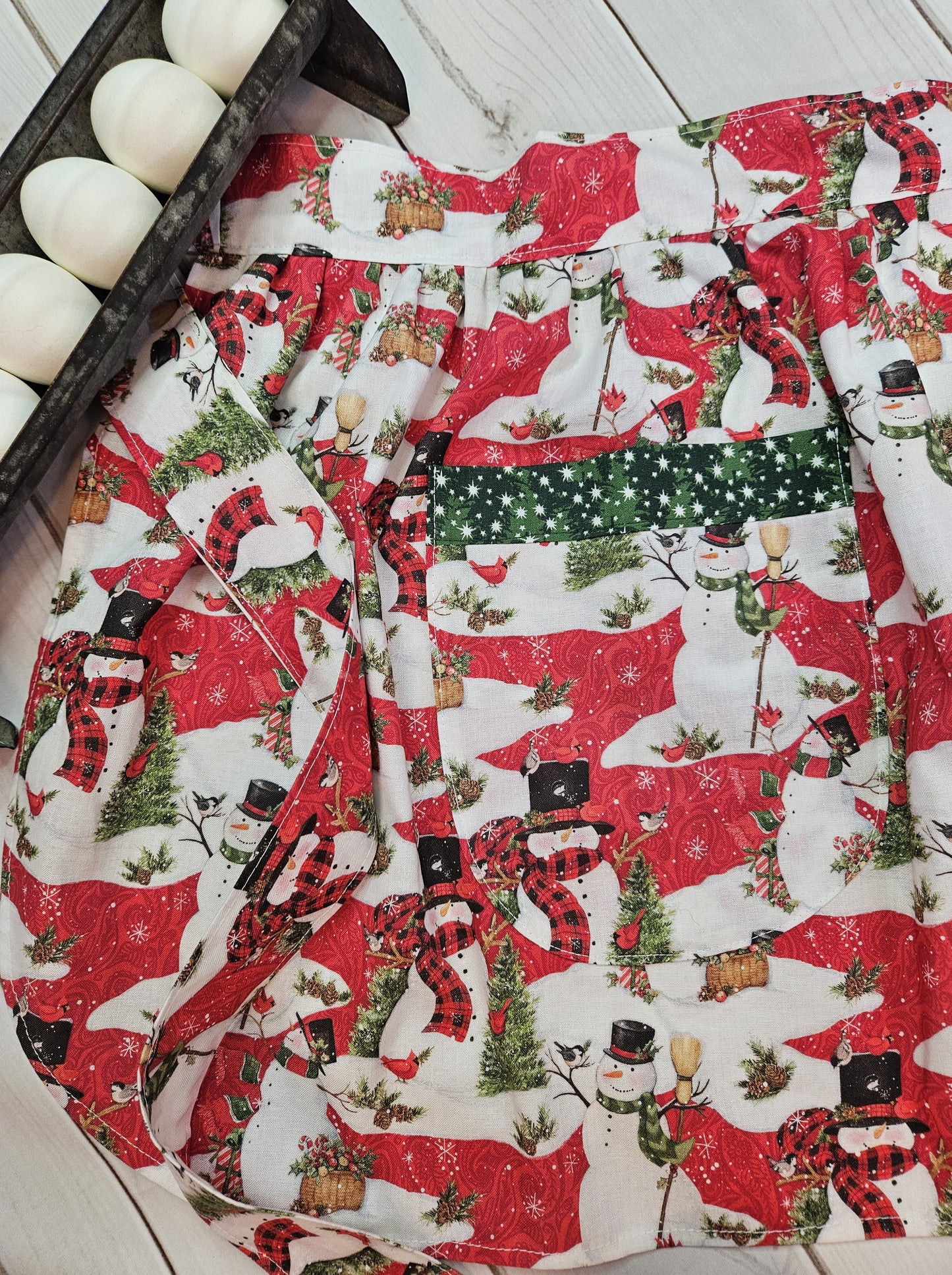 Snowman Half Apron with Green Trimmed Pockets