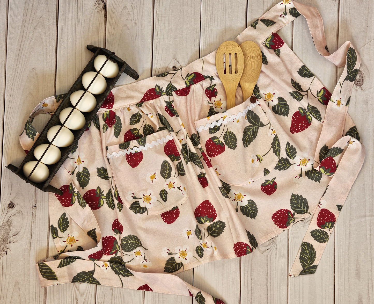 Strawberry Print Half Apron with Rick-Rack Trimmed Pockets