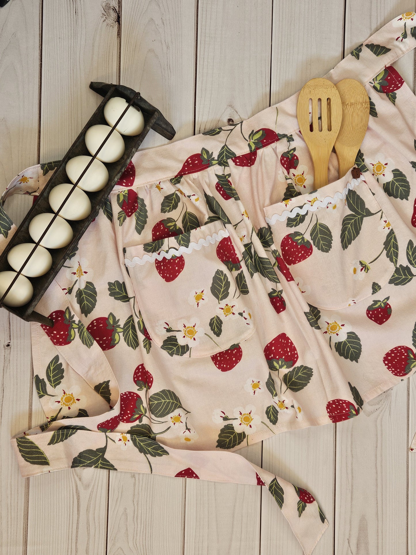 Strawberry Print Half Apron with Rick-Rack Trimmed Pockets