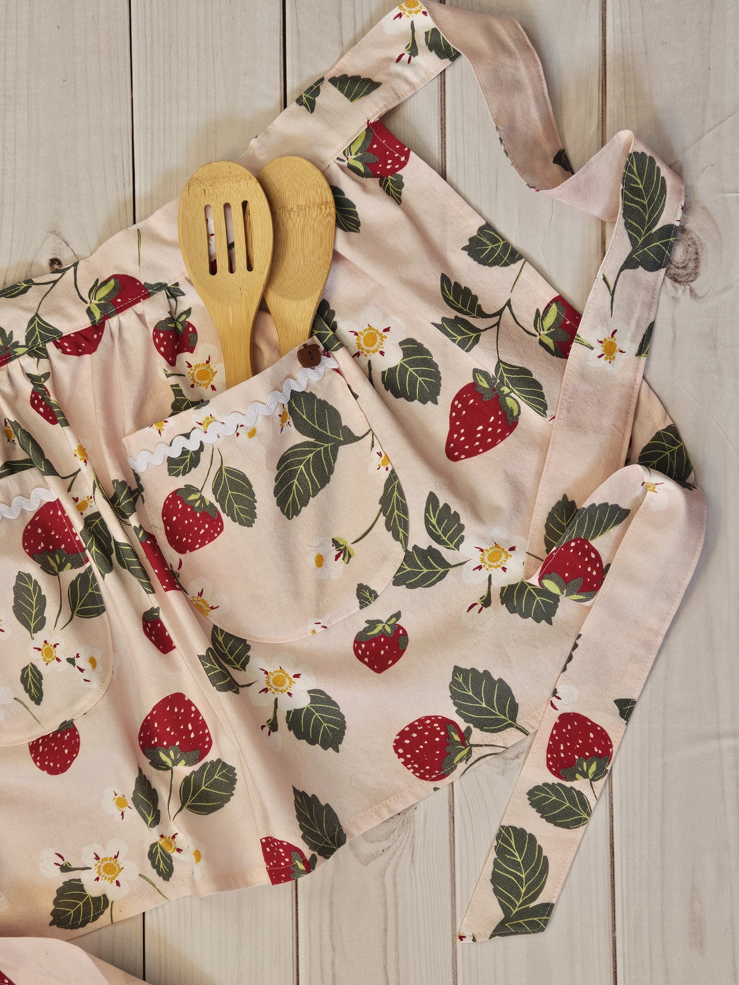 Strawberry Print Half Apron with Rick-Rack Trimmed Pockets
