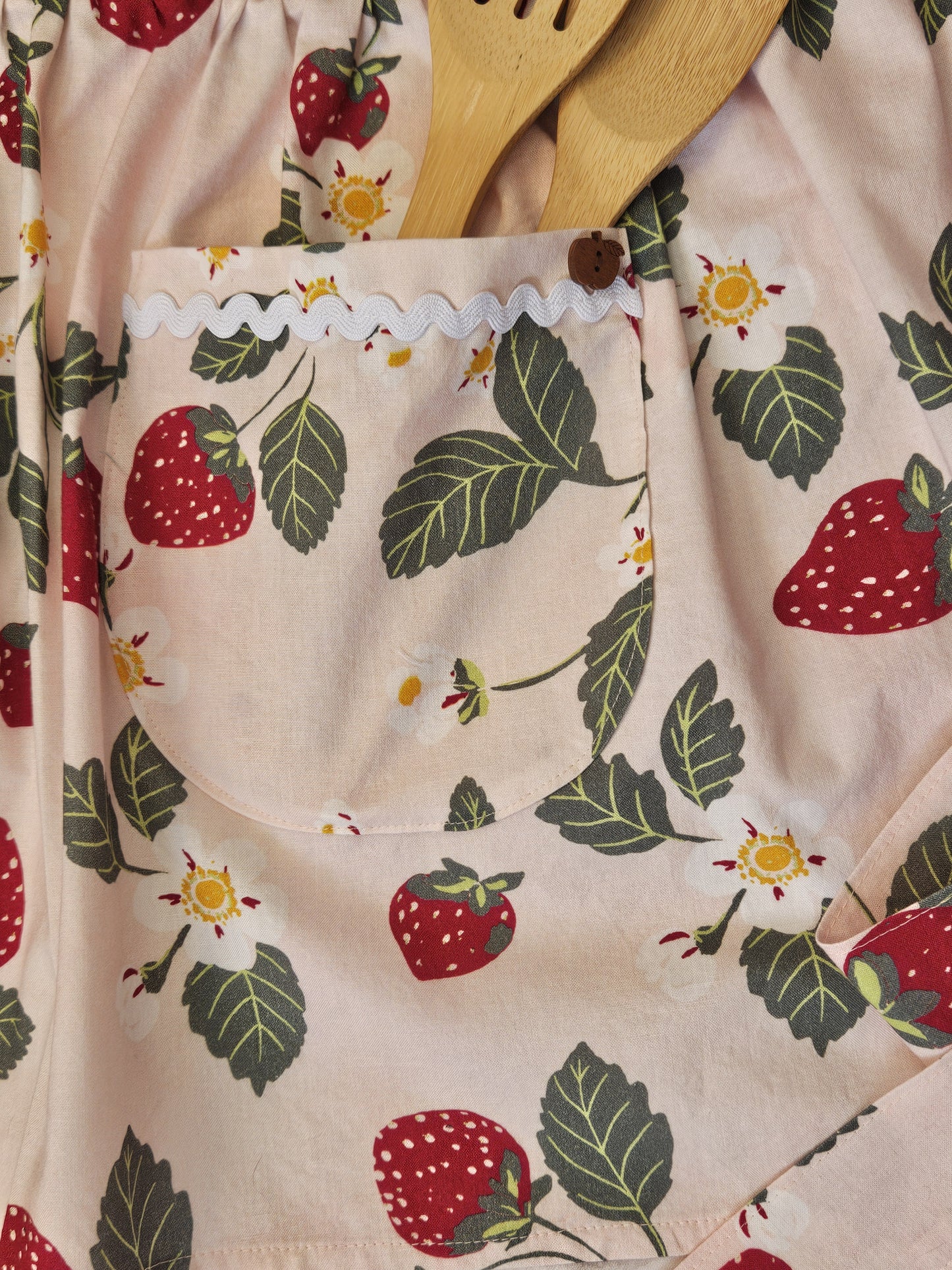 Strawberry Print Half Apron with Rick-Rack Trimmed Pockets