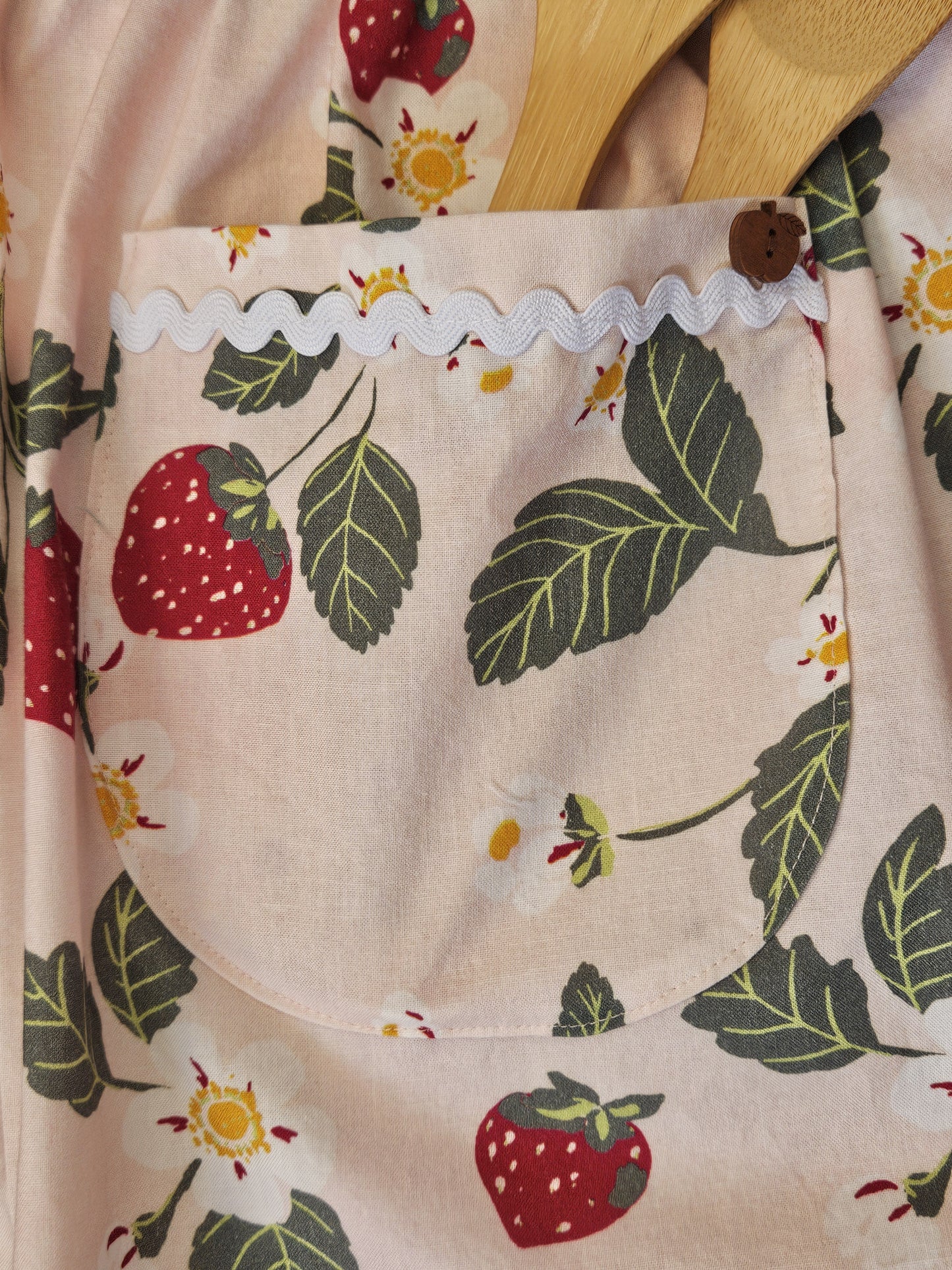 Strawberry Print Half Apron with Rick-Rack Trimmed Pockets