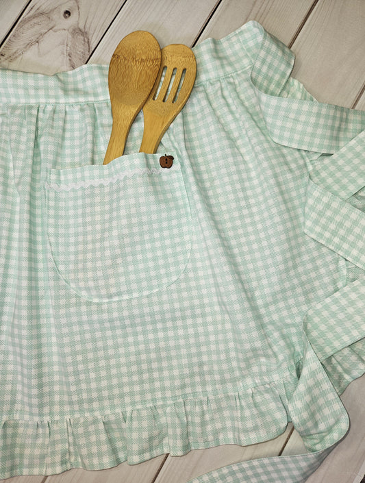 Mint Gingham Ruffled Apron, Half Apron with Pockets