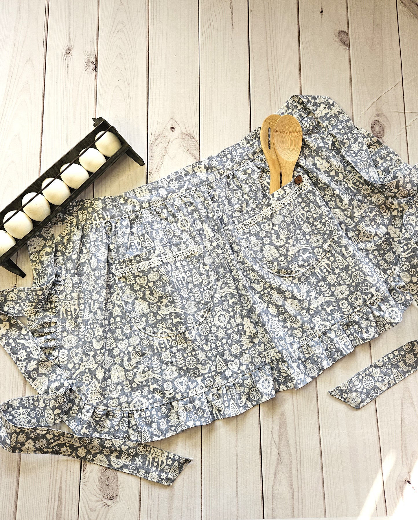 Christmas Scandinavian Print Grey Ruffled Half Apron