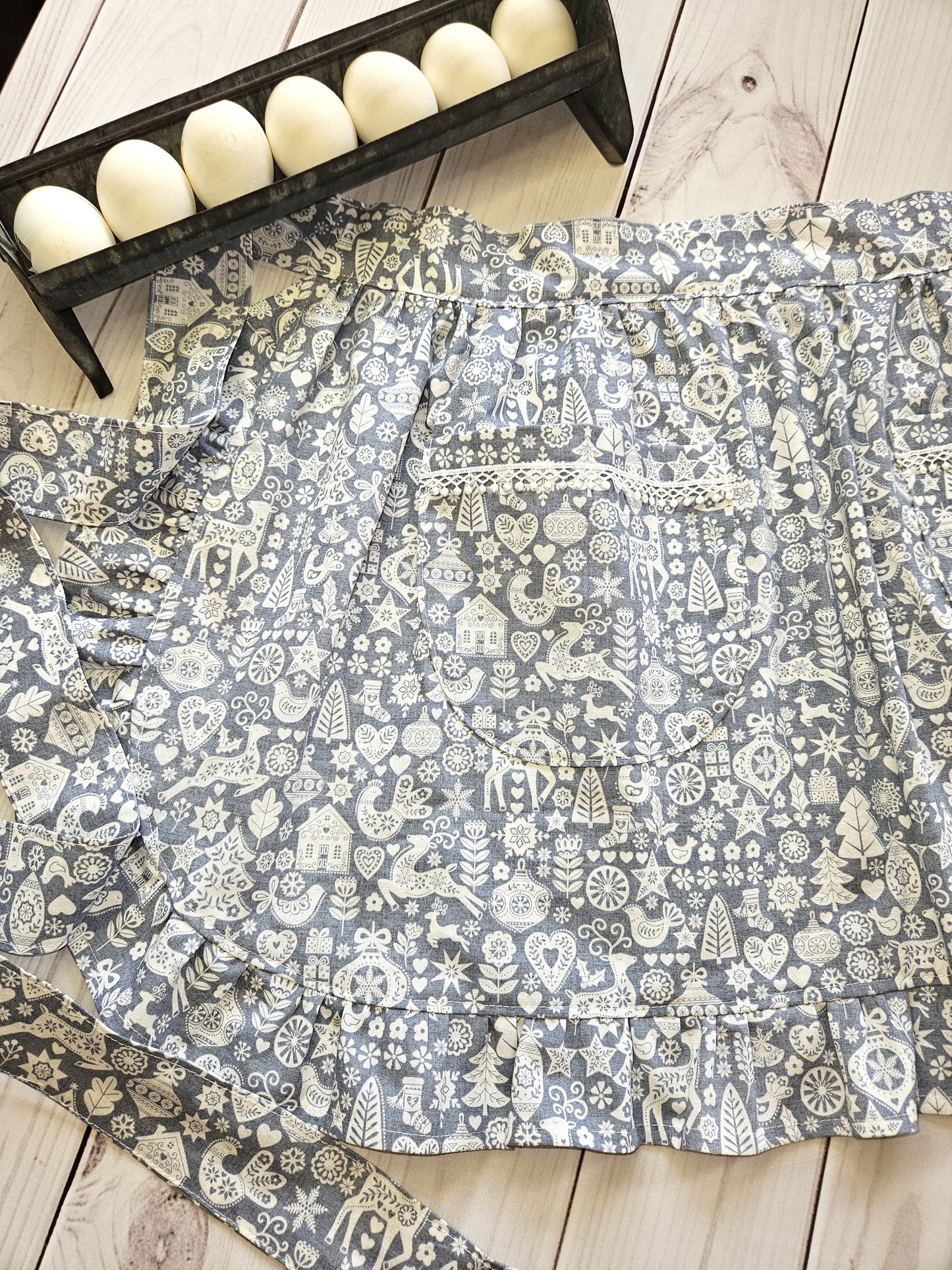 Christmas Scandinavian Print Grey Ruffled Half Apron