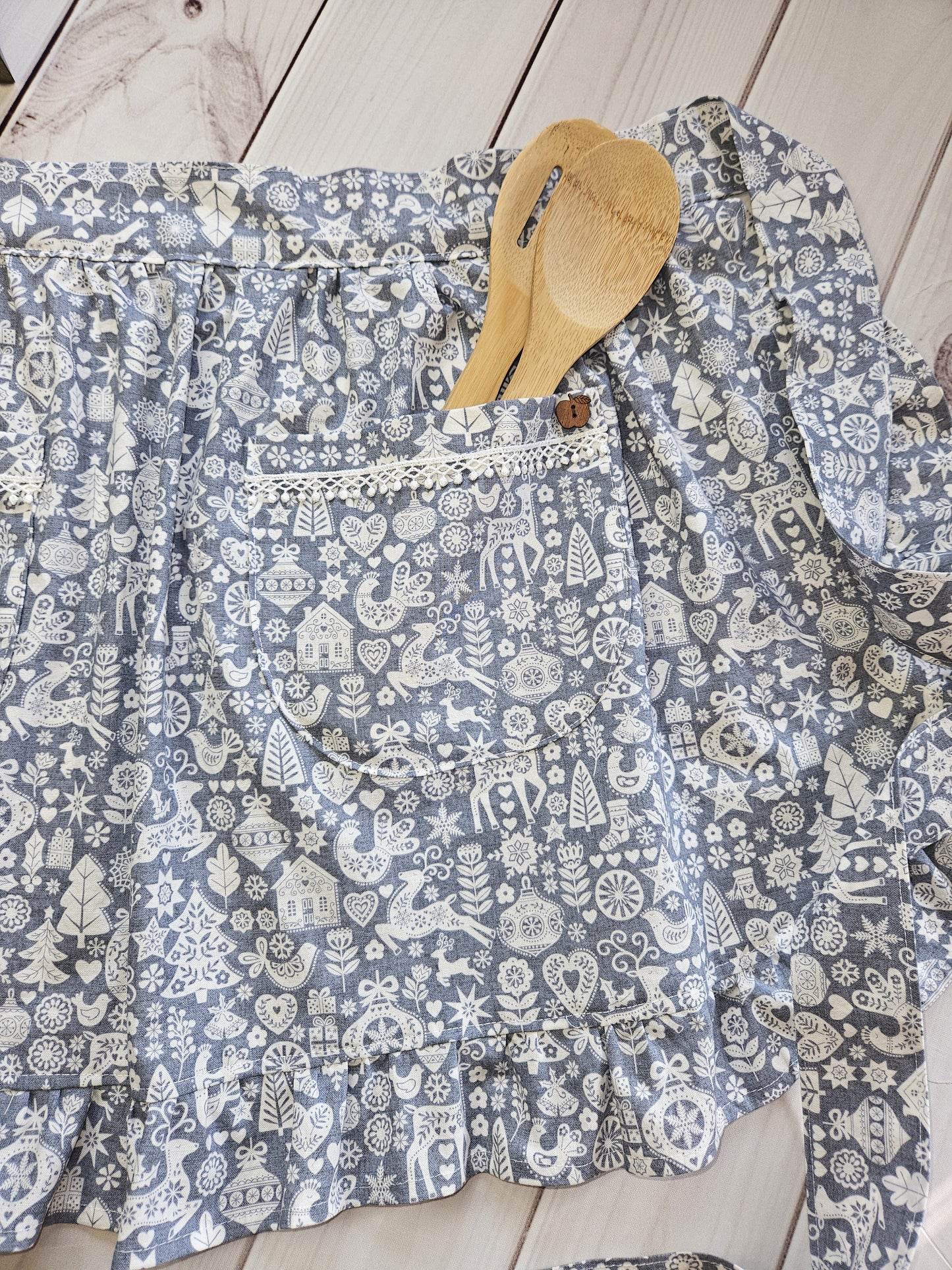 Christmas Scandinavian Print Grey Ruffled Half Apron