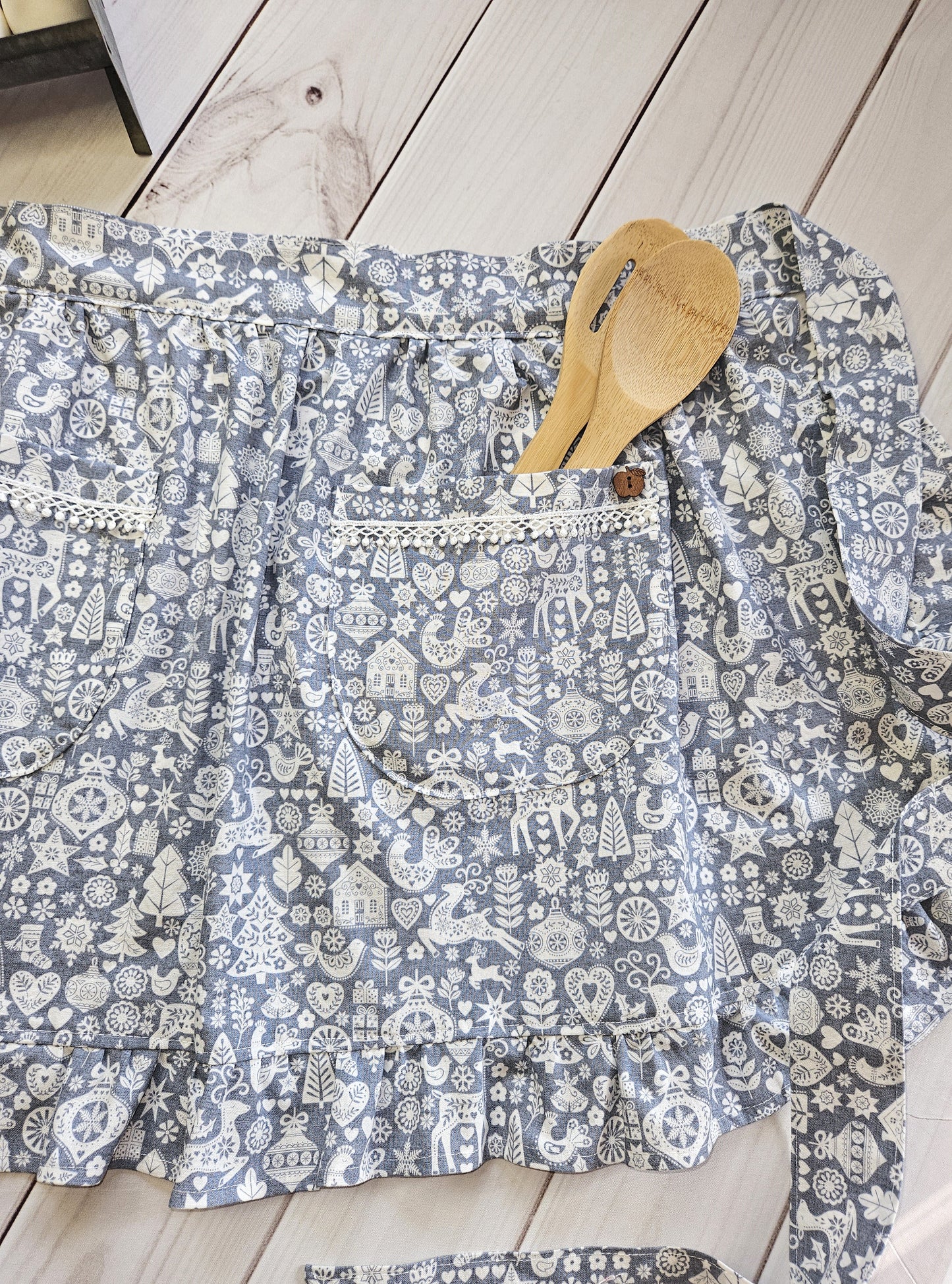 Christmas Scandinavian Print Grey Ruffled Half Apron