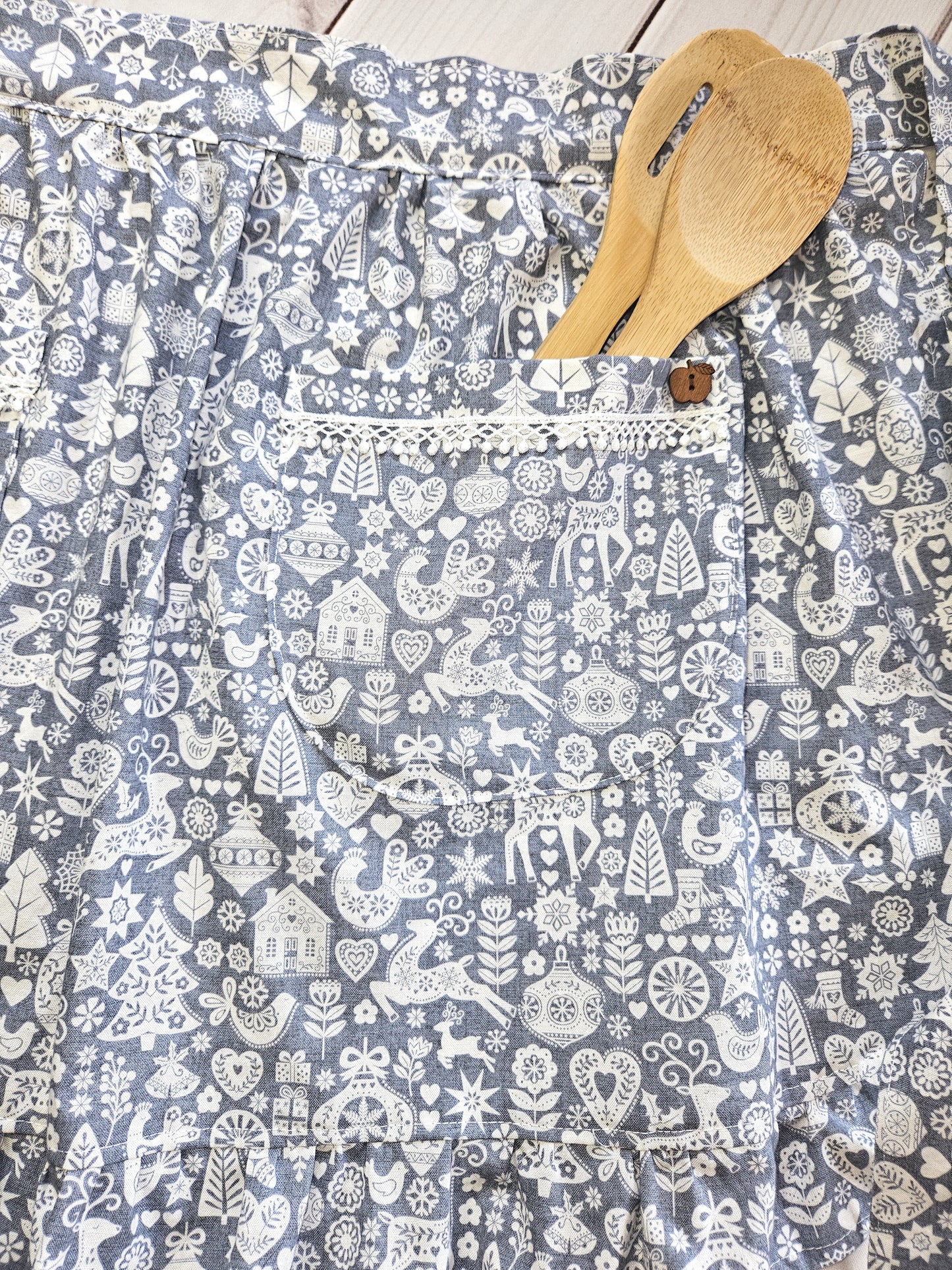 Christmas Scandinavian Print Grey Ruffled Half Apron