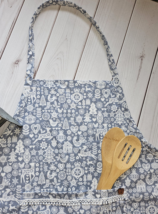 Scandinavian Christmas Print Full Vintage-Style Apron with Ruffle and Pocket