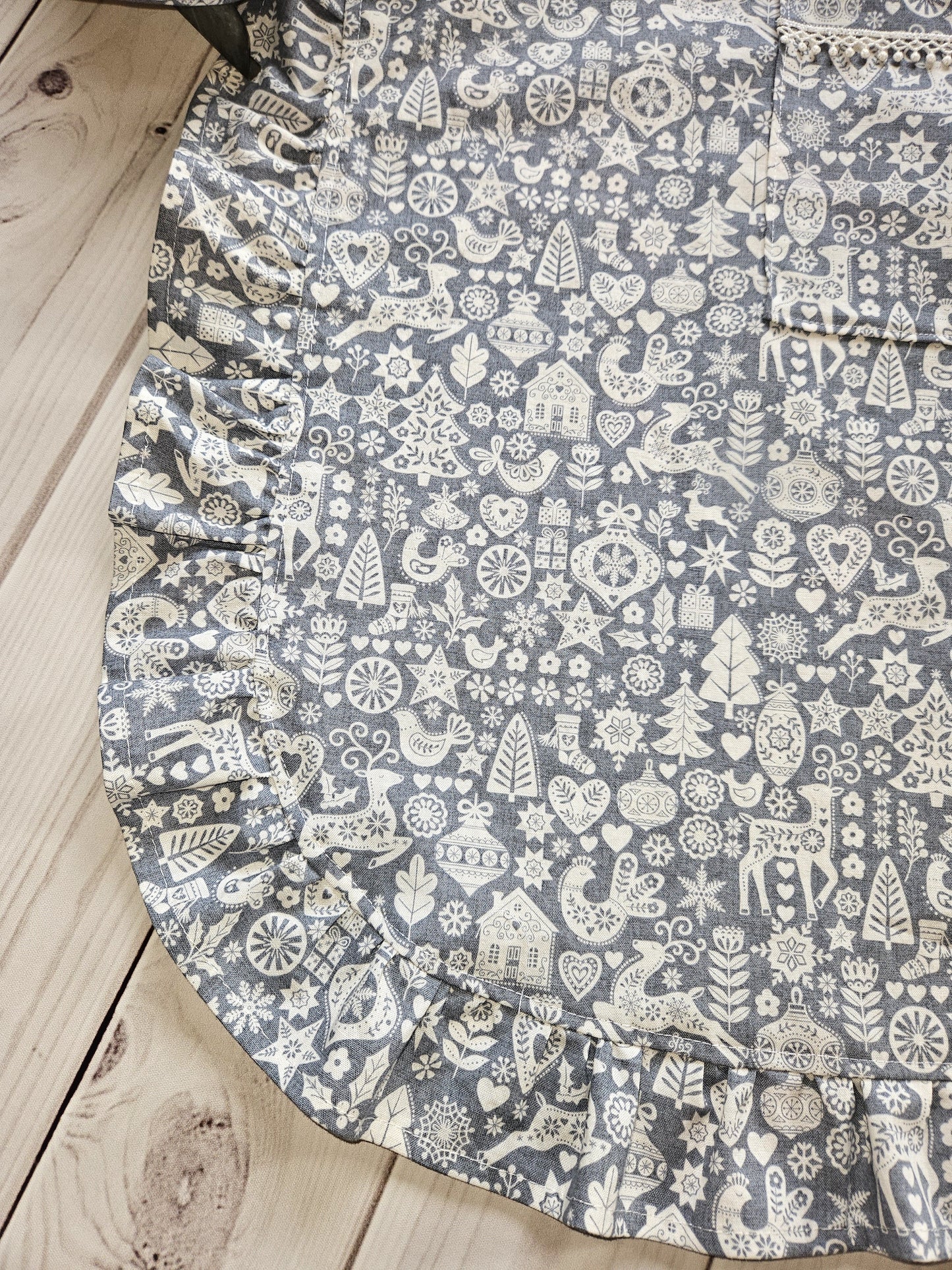 Christmas Scandinavian Print Grey Ruffled Half Apron