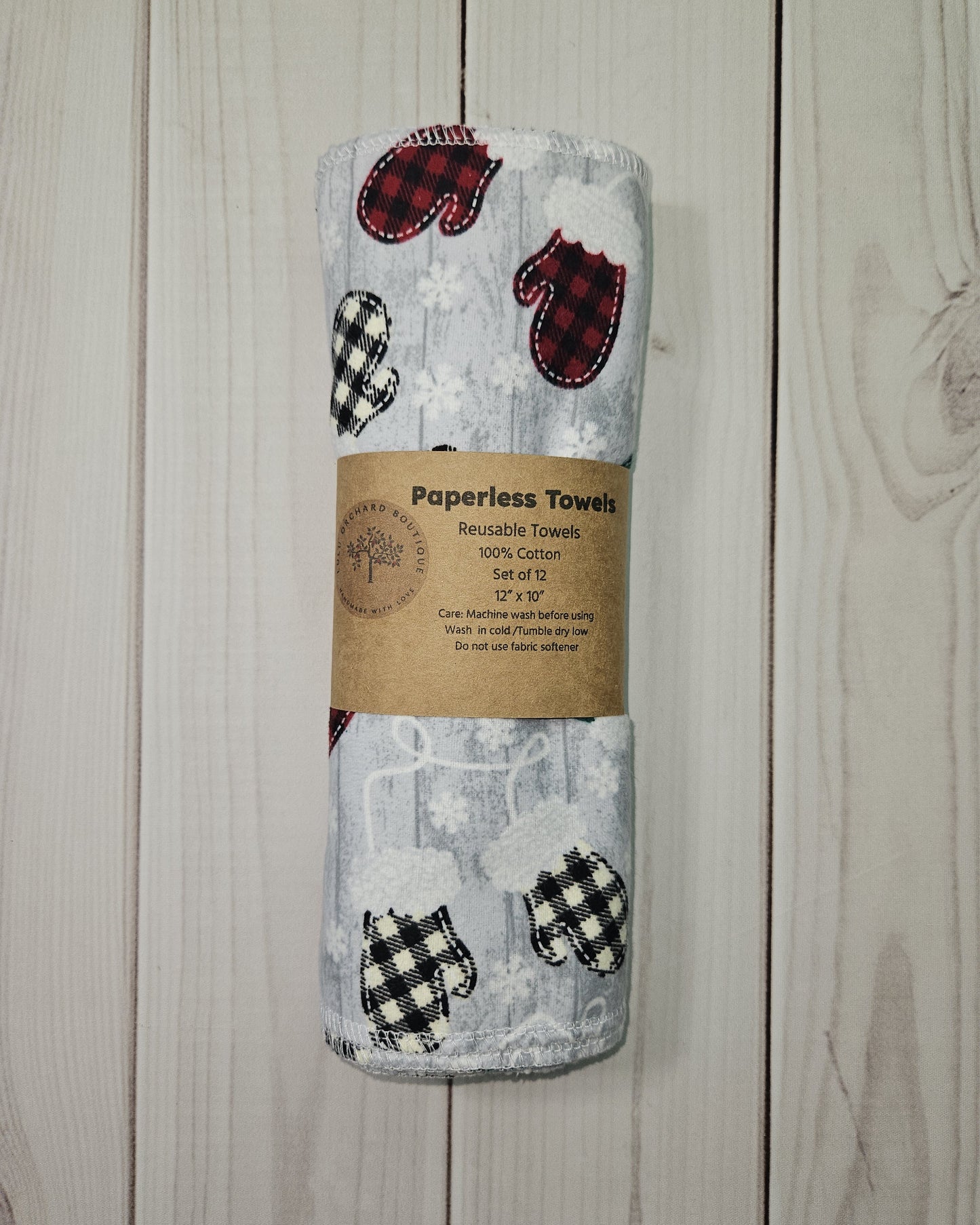Christmas Mittens on Light Gray Paperless Paper Towels