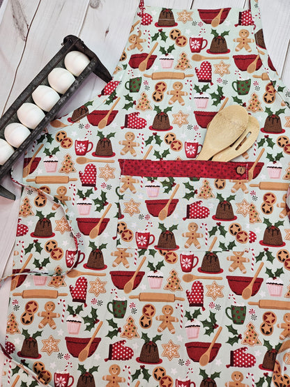 Gingerbread Man Baking Full Apron with Pocket, Trimmed with Red