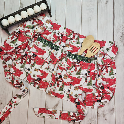 Snowman Half Apron with Green Trimmed Pockets
