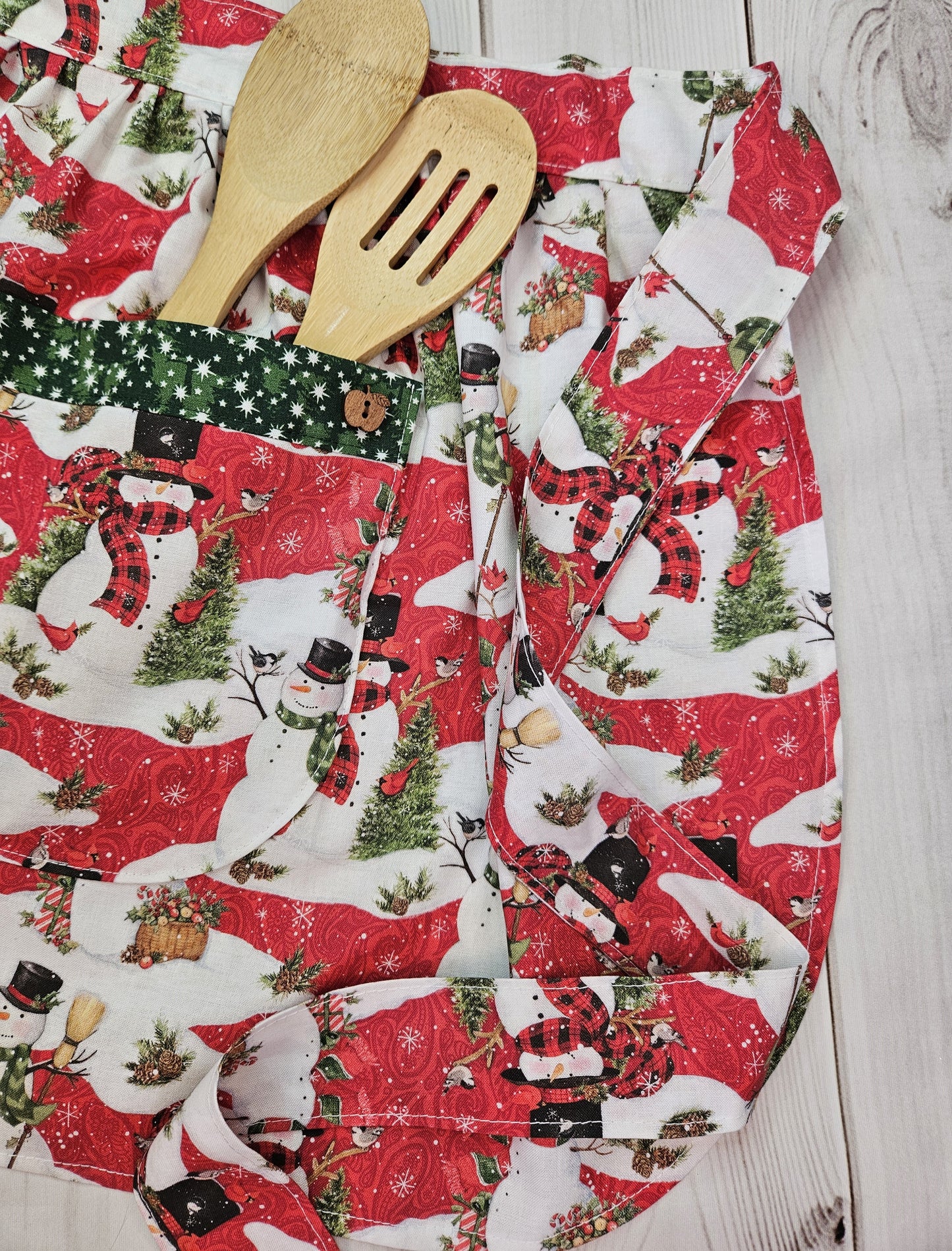 Snowman Half Apron with Green Trimmed Pockets
