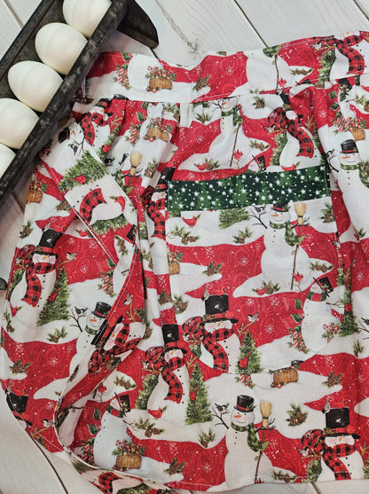 Snowman Half Apron with Green Trimmed Pockets