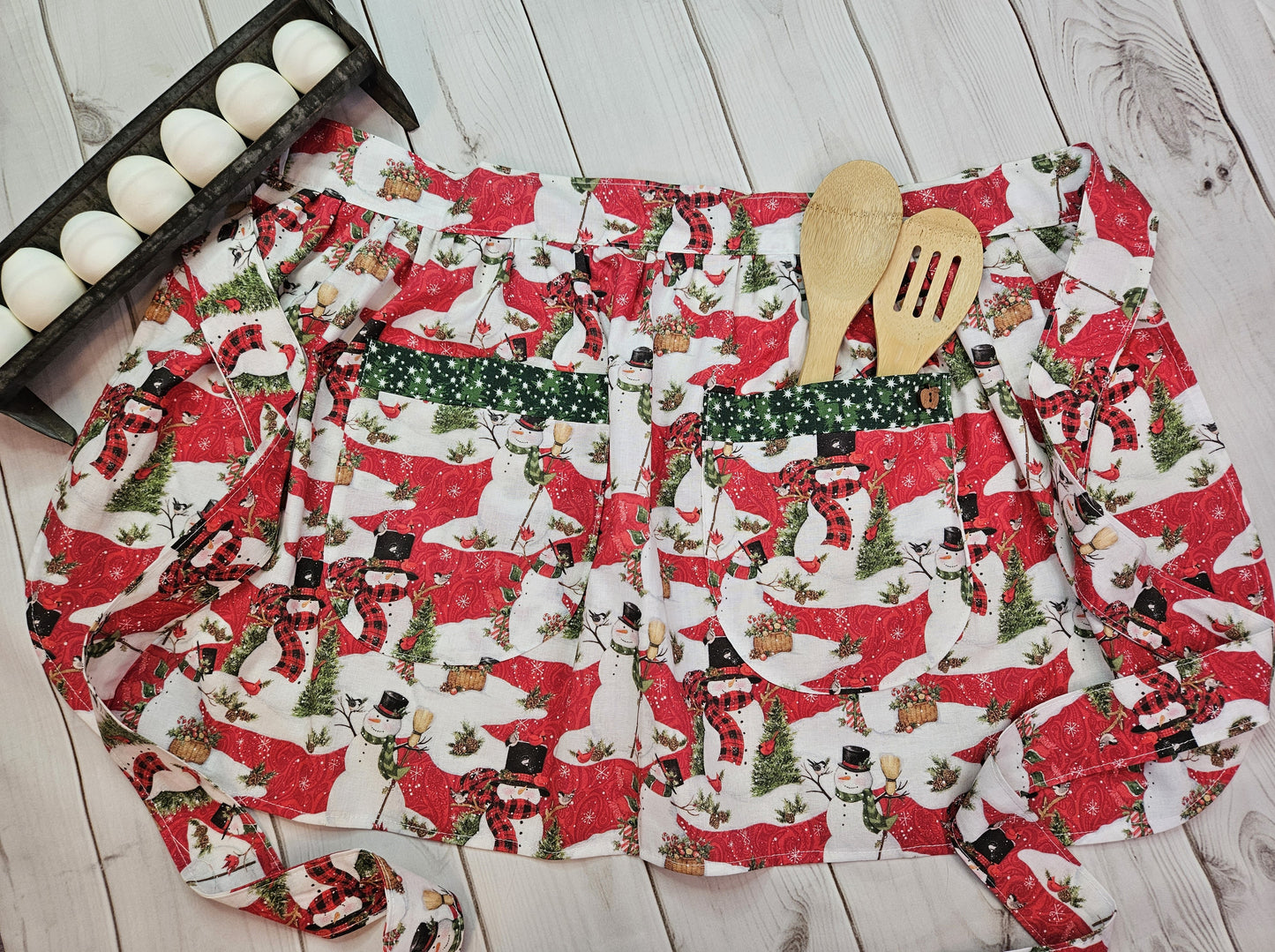 Snowman Half Apron with Green Trimmed Pockets