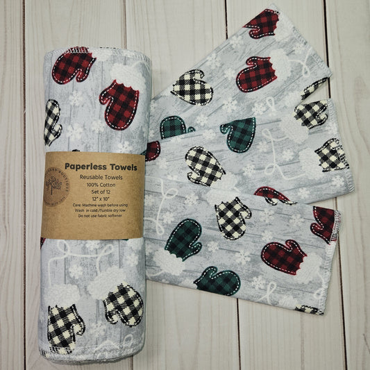 Christmas Mittens on Light Gray Paperless Paper Towels