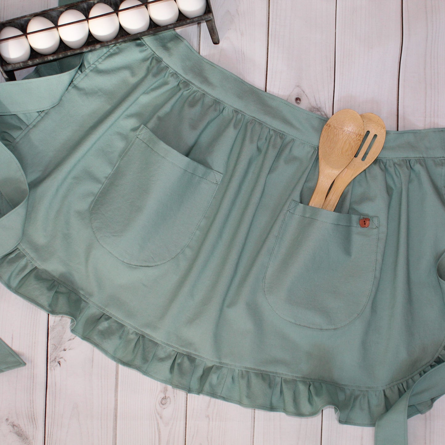 Sage Green Retro Half Apron with Ruffles and Pockets