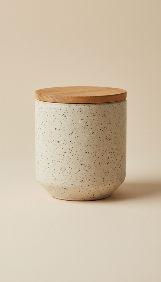 Speckled Stoneware Storage Jar with Wooden Lid